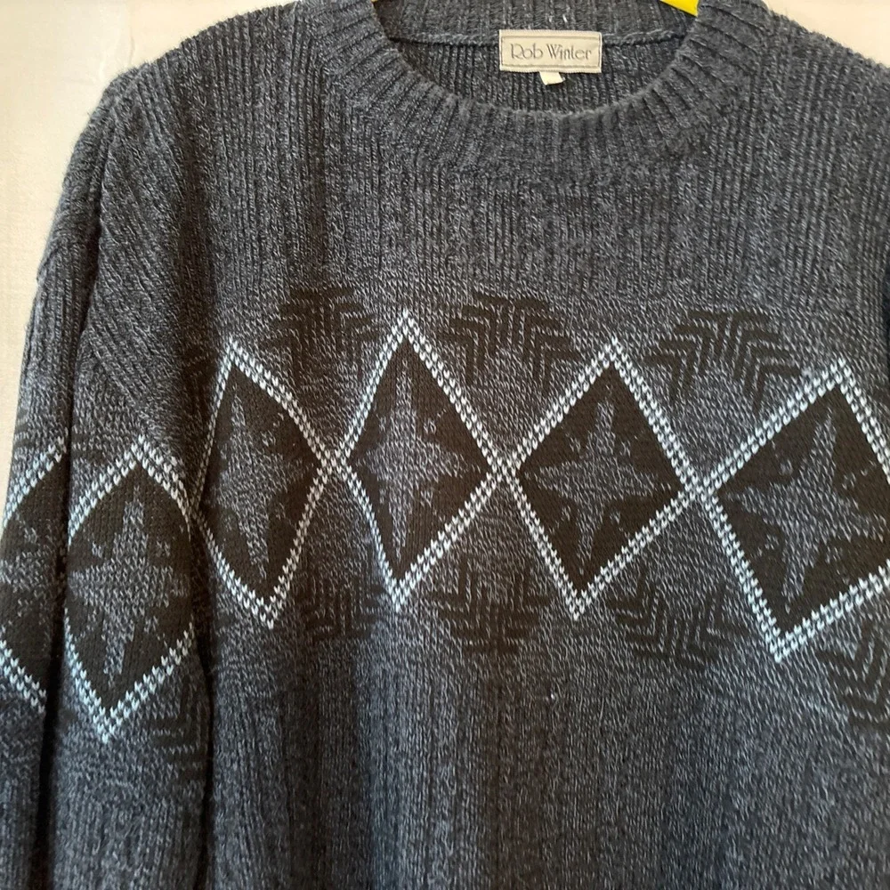 Men's Rob Winter Heathered Black/blue Argyle Sweater Acrylic Long Sleeve Y2k XL